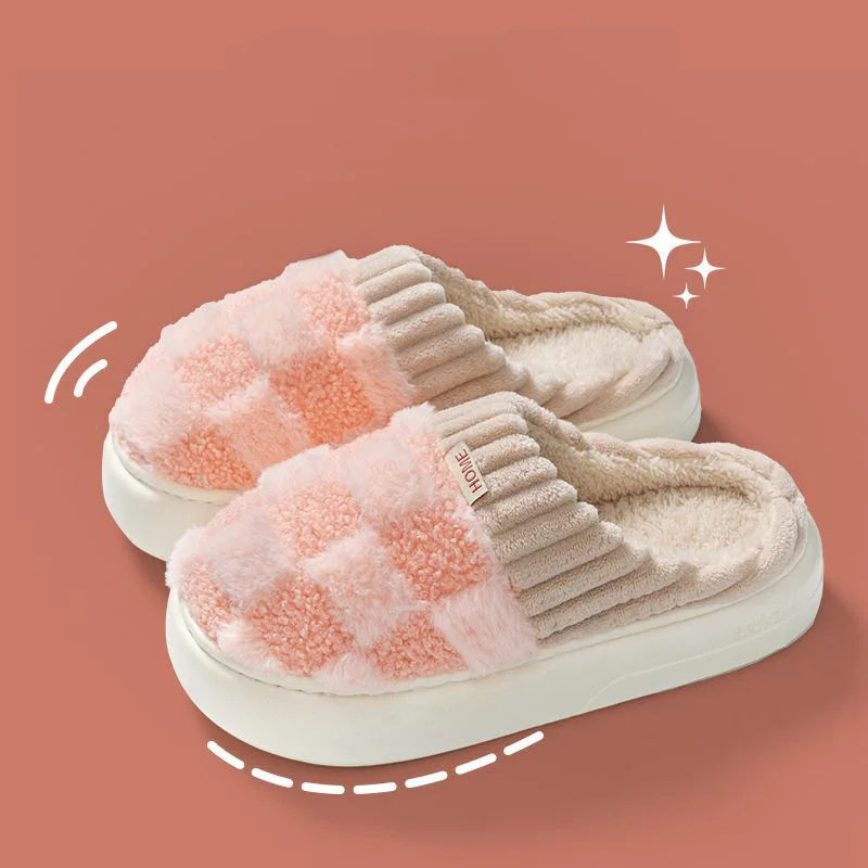 Couple Winter Plaid Slippers – Warm Fluffy Indoor Slides