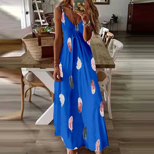 Elegant Printed Ankle-Length Beach Dress – Loose Fit V-Neck Camisole