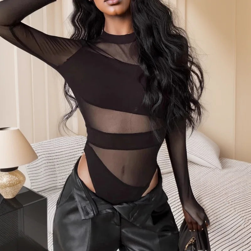 Mesh Long-Sleeve Round-Neck Jumpsuit | OWNLUXE