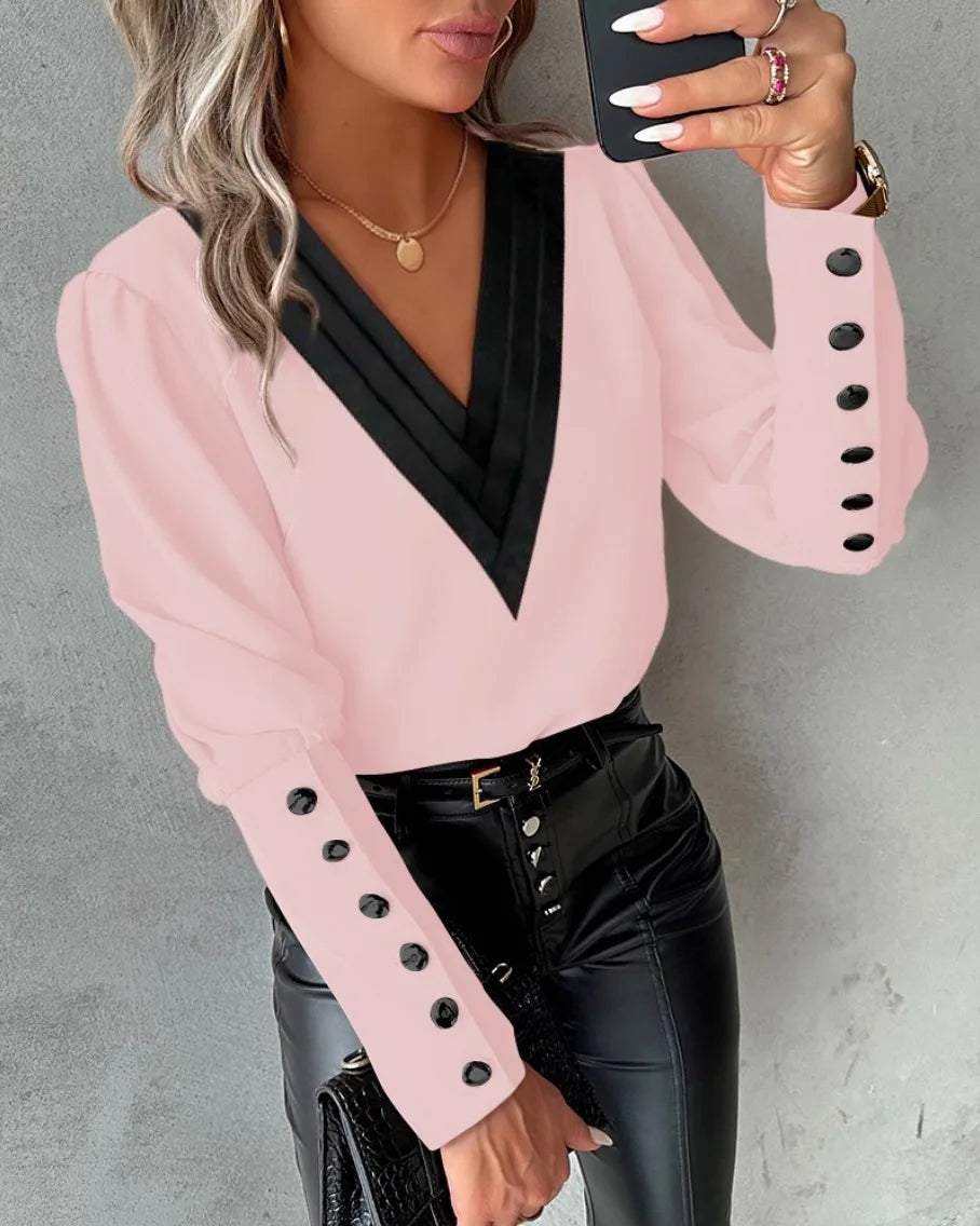 Lace Detail Office Blouse – Women's V-Neck Pullover Top