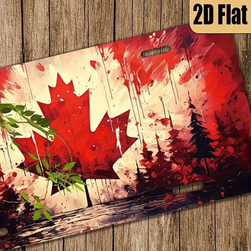 2D Flat - Vintage Canadian Maple Leaf Aluminum Wall Plaque - Patriotic Red & Leaf Design with Green Pine Trees