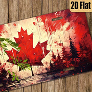 2D Flat - Vintage Canadian Maple Leaf Aluminum Wall Plaque - Patriotic Red & Leaf Design with Green Pine Trees