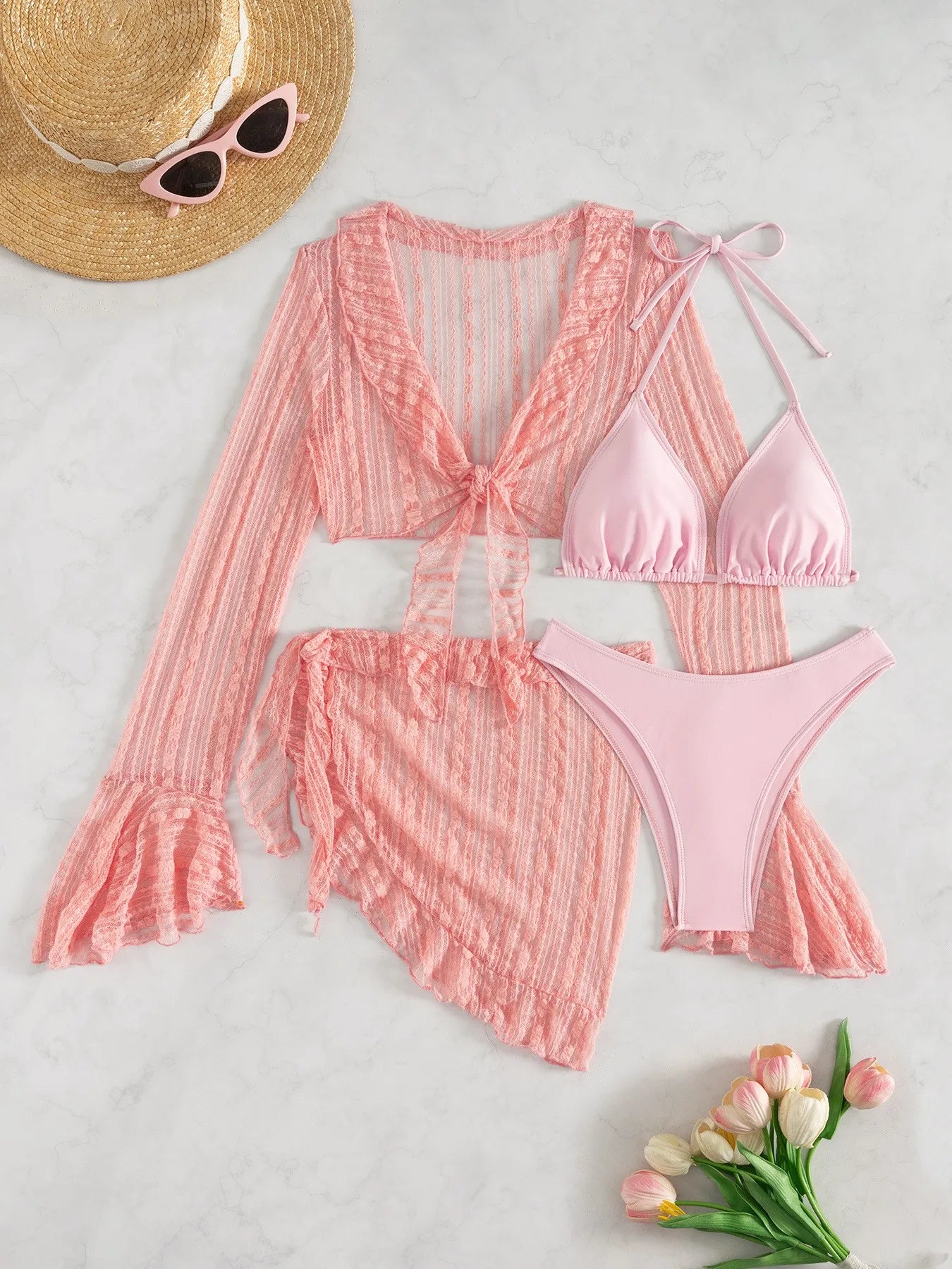 Ruffle Cropped Lace Long-Sleeve Swim Cover-Up | OWNLUXE