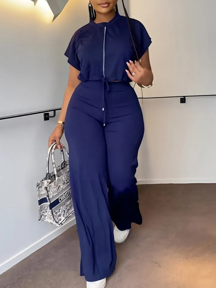 Women’s 2-Piece Lace-Up Top & Wide-Leg Pants Office Set