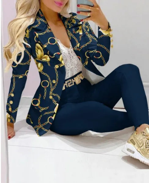 Spring Autumn Fashion Blazers Pant Sets Long Sleeve Print Coat Two Piece | OWNLUXE