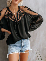 Women's Long Sleeve V-Neck Lace Top | OWNLUXE