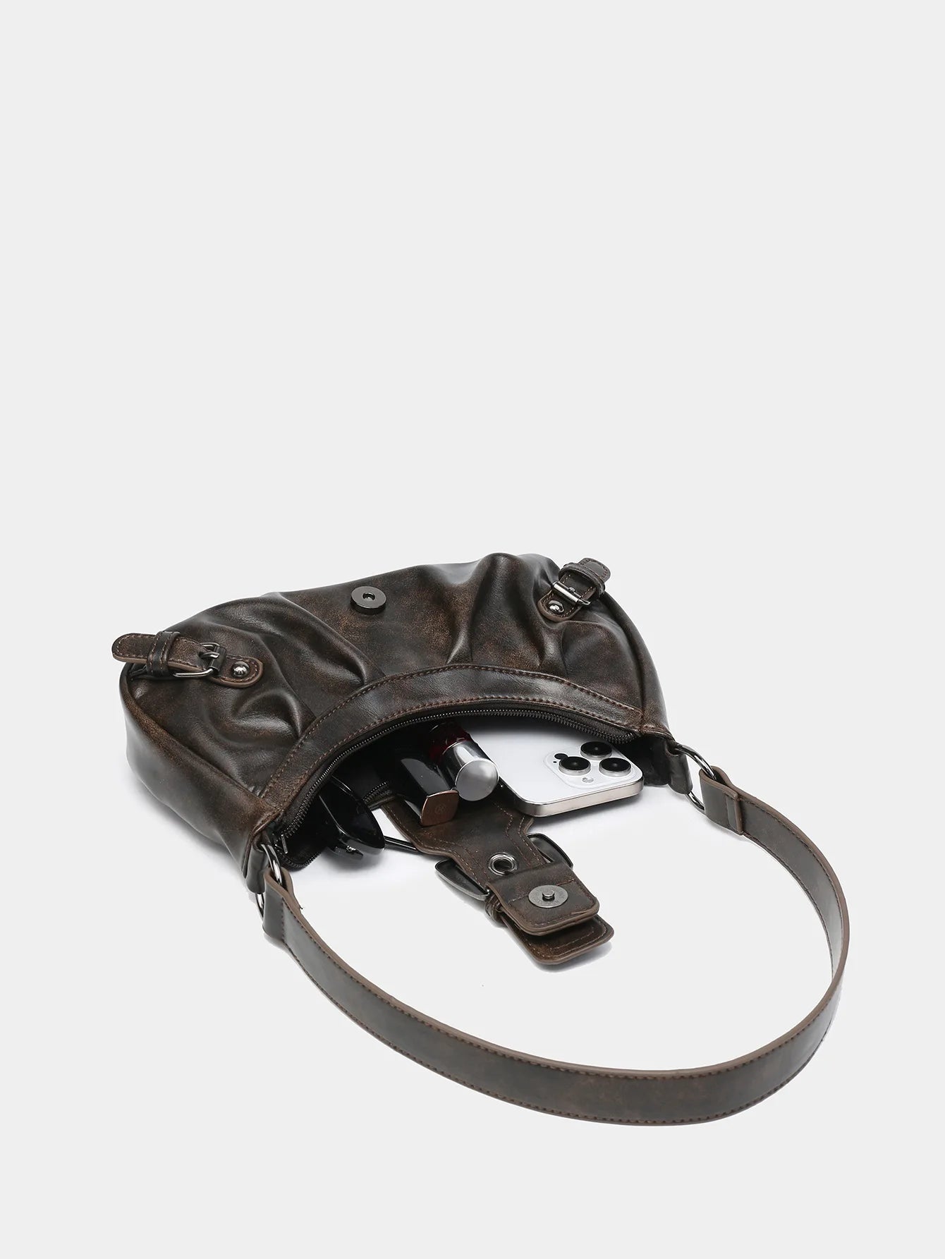 Patent Leather Saddle Bag – Retro Moto Shoulder Purse with Rivet Details