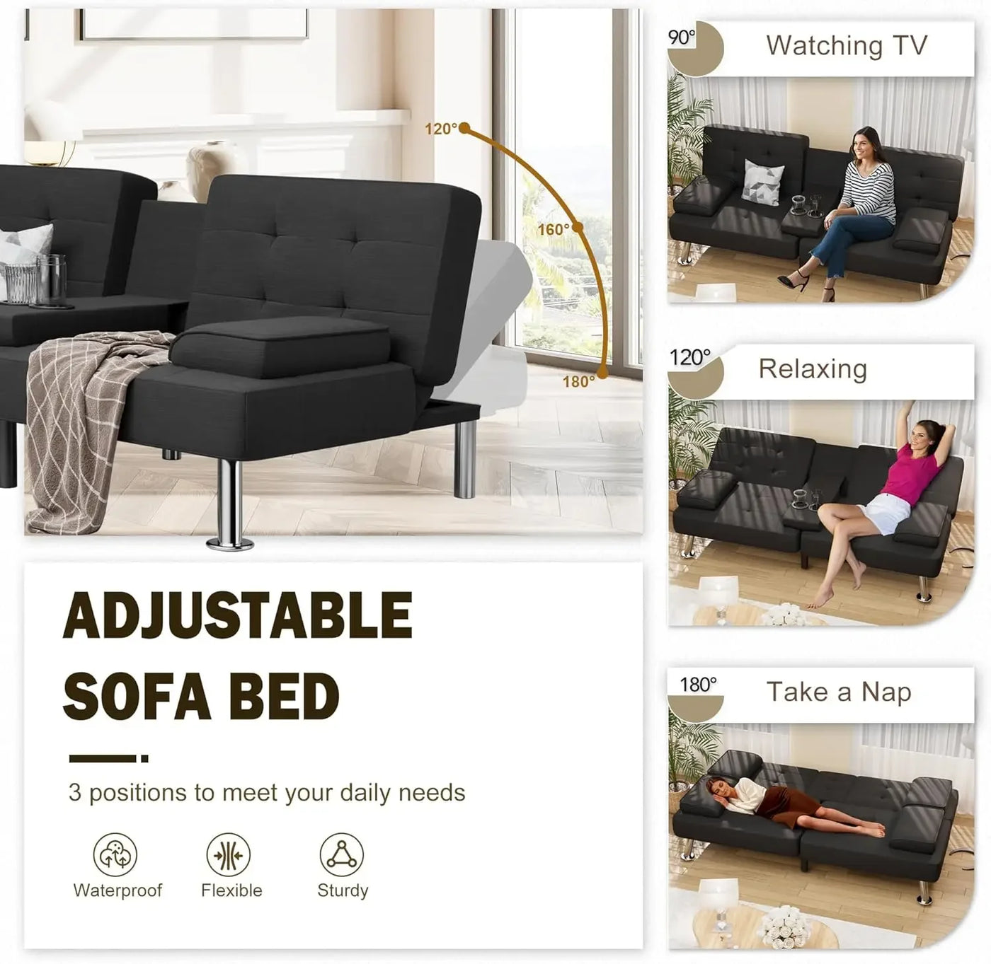 Modern Linen Convertible Futon Sofa Bed with Cup Holders