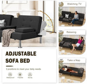 Modern Linen Convertible Futon Sofa Bed with Cup Holders