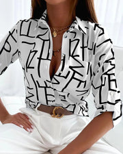 Office Ladies Printed Blouse - Long Sleeve Lapel Shirt