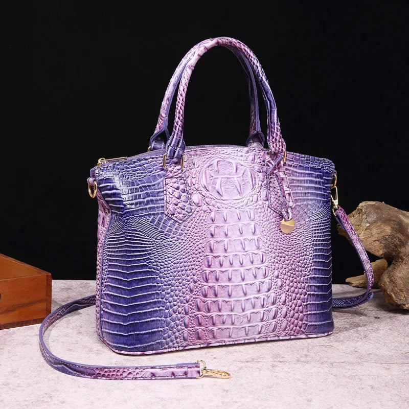 Crocodile Embossed Leather Handbag - Classic Shoulder Bag