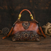 Vintage Carved Leather Handbag - Handmade Luxury Shoulder Bag