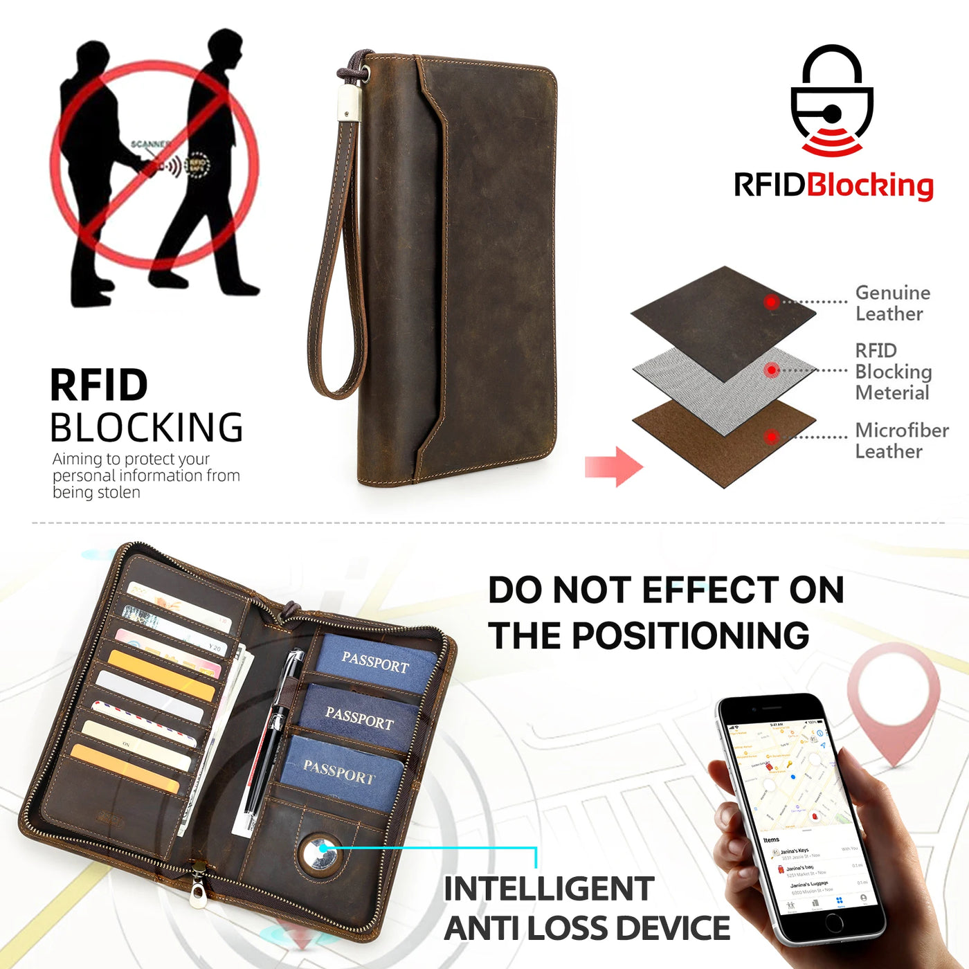 RFID Leather Family Passport Wallet - Premium Travel Organizer with AirTag Slot