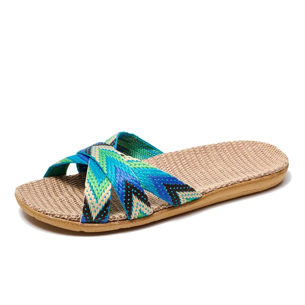 Eco-Friendly Hemp Slippers - Comfortable Flat Indoor Slides with Geometric Design