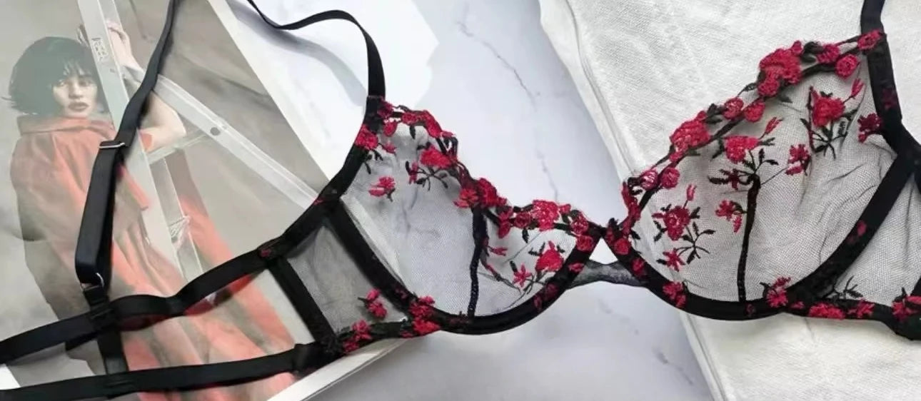 YUQI French Elegant Lingerie Set-Floral Embroidery Semi-Transparent Bra & Brief,Black Sensual Women's Underwear Luxury Intimates