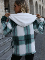 Load image into Gallery viewer, FairyShely 2025 Autumn Women Plaid Patchwork Jacket Thick Plush Warm Long Sleeve Coat Winter Ladies Single Breasted Hooded Coat
