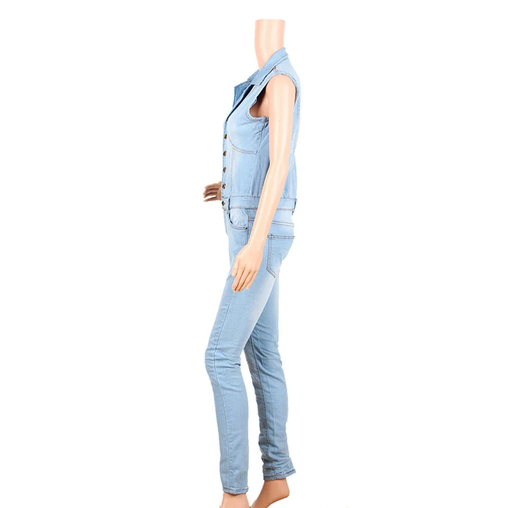 Denim Slim-Fit Zip-Up Sleeveless Jumpsuit | OWNLUXE