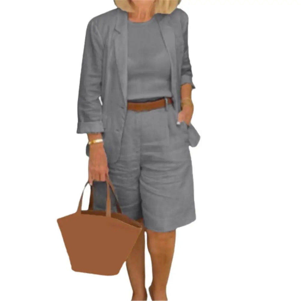 Classic Loose Fit Cotton Blend Outfit – Single-Breasted Coat & Elastic Waist Shorts