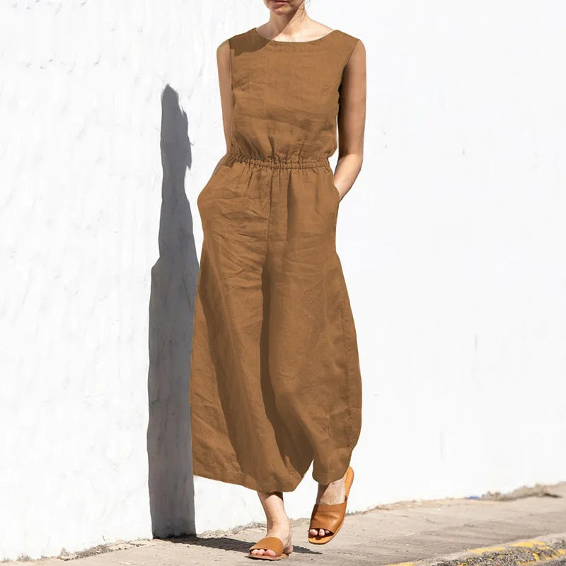 High Waist Cotton Linen Jumpsuit – Wide Leg Ankle-Length