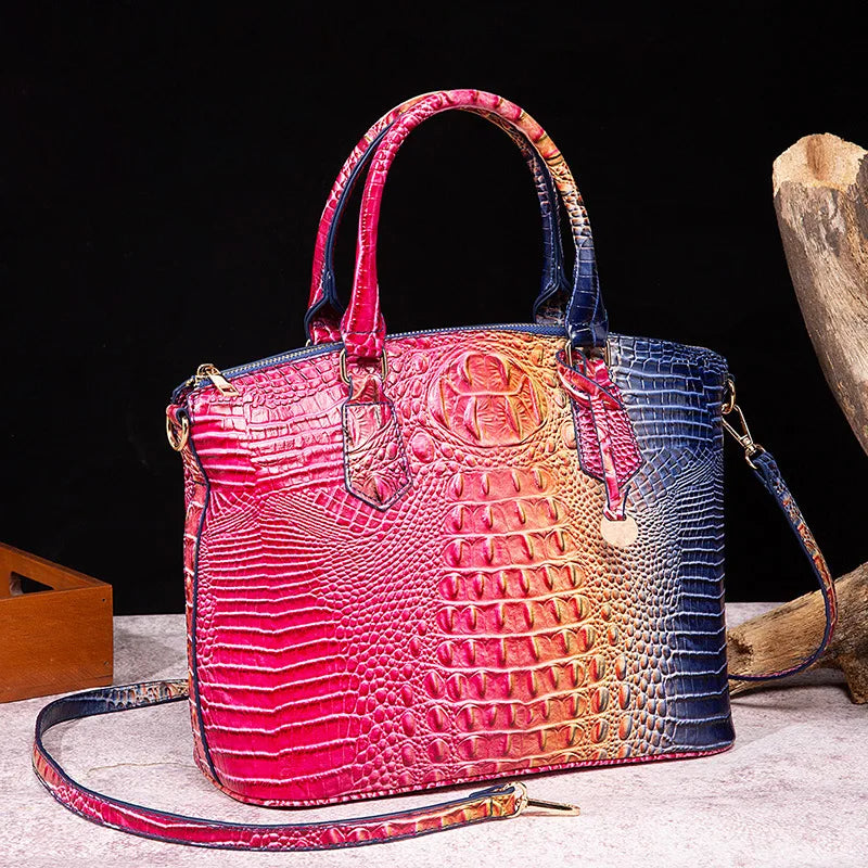 Crocodile Embossed Leather Handbag - Classic Shoulder Bag