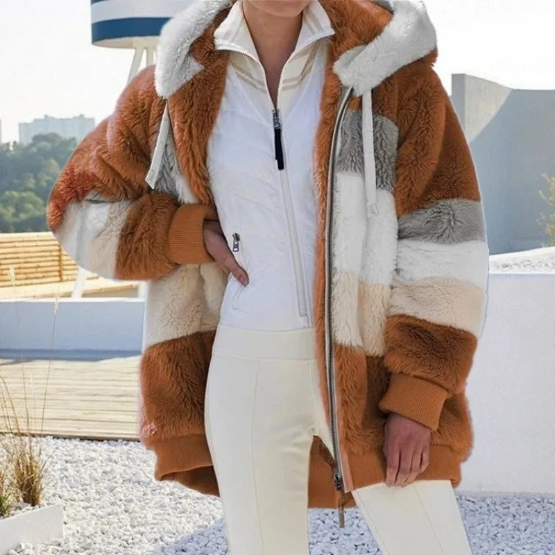 Women's Plush Hooded Jacket – Warm & Stylish Streetwear for Autumn/Winter