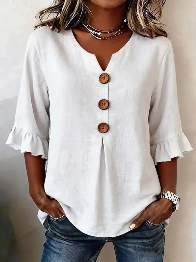 Button V-Neck Linen Lightweight Blouse | OWNLUXE