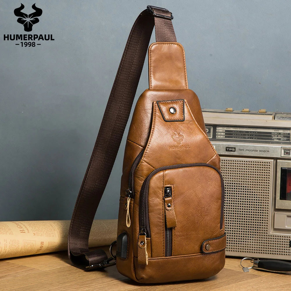 Men's Genuine Leather USB Chest Bag - Crossbody Messenger with USB Port | OWNLUXE