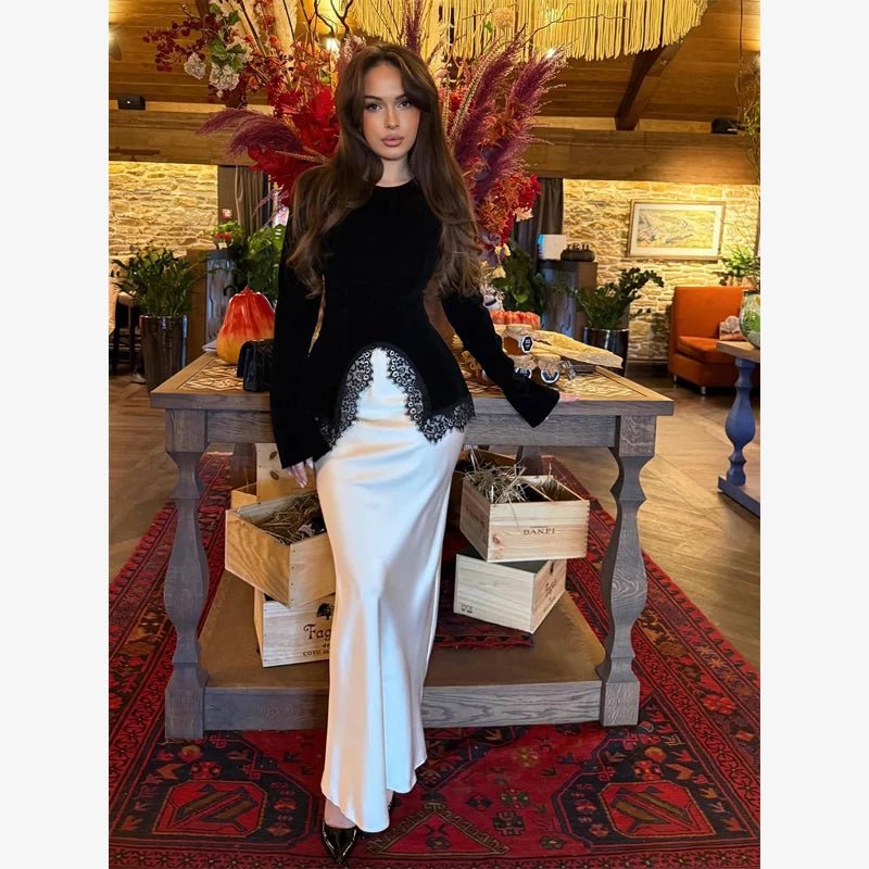 Sexy Black Lace Patchwork Slim Shirt Women Elegant Round Neck Long Sleeve Irregular Hem Top 2026 Lady Spring Autumn Chic Wear