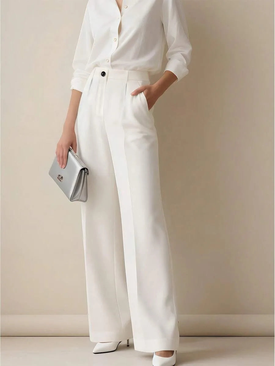 Women's High Waist Work Trousers - Casual Loose Fit Pants with Pockets