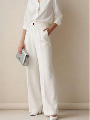 Women's High Waist Work Trousers - Casual Loose Fit Pants with Pockets