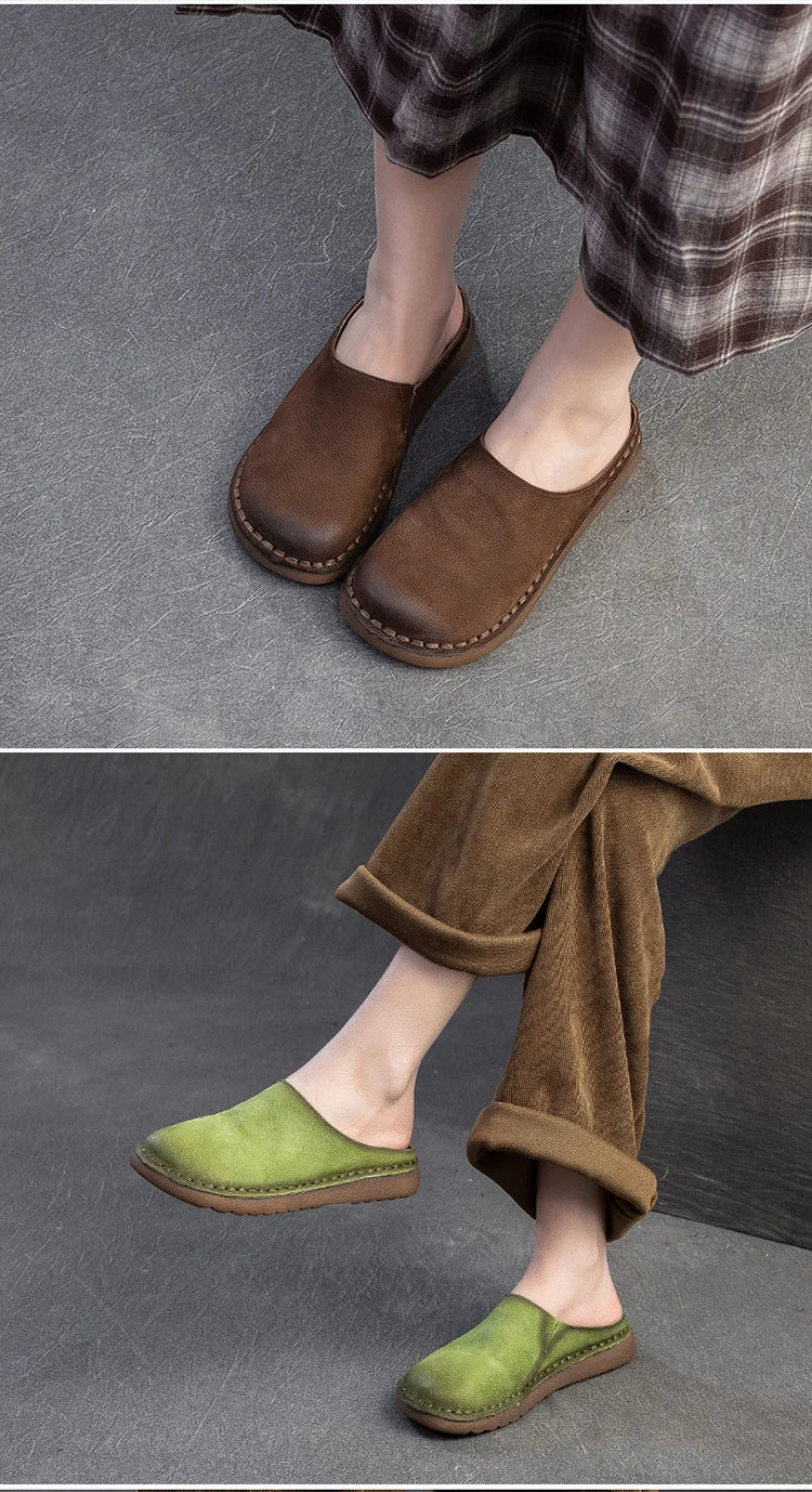 Genuine Leather Flat Slippers – Handmade Retro Women’s Mules