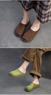 Genuine Leather Flat Slippers – Handmade Retro Women’s Mules