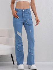 Denim Flared Jeans - High Waist Distressed Boot Cut Pants