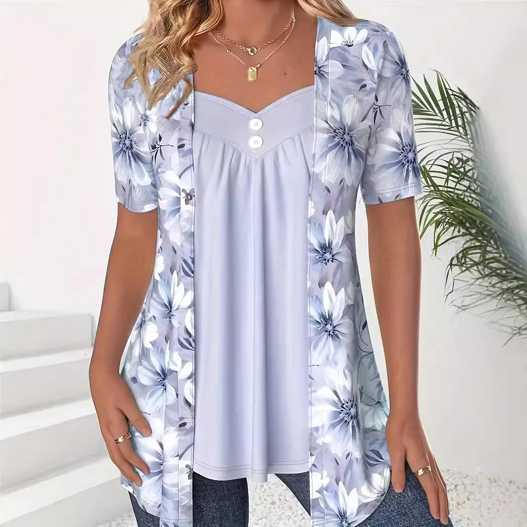 🧶 Patchwork Knit Button Top – Haut Tricoté à Boutons et Motif Patchwork