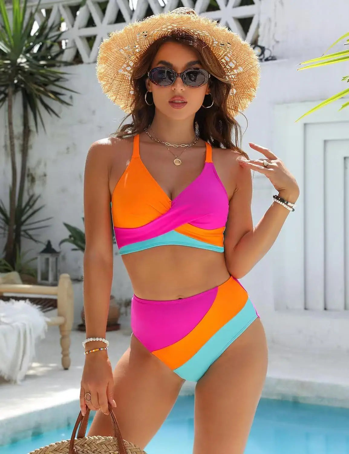 Two-Piece Color Block Bikini Set – Mid-Waist, Wire-Free Comfort