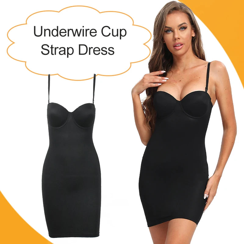 Full Length Shapewear Slip Dress - Slimming Body Shaper with Underwire Support