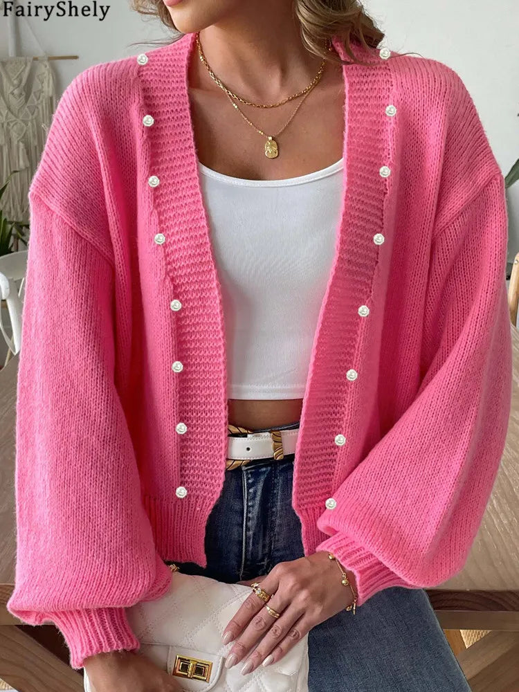 FairyShely 2025 Autumn Winter Long Sleeve Sweater Cardigan Women Solid Casual Cardigan Ladies Loose Short Knitted Coat Outwears