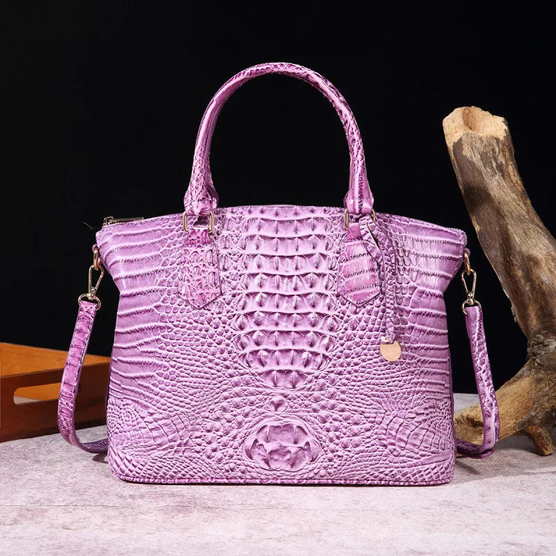 Crocodile Embossed Leather Handbag - Classic Shoulder Bag