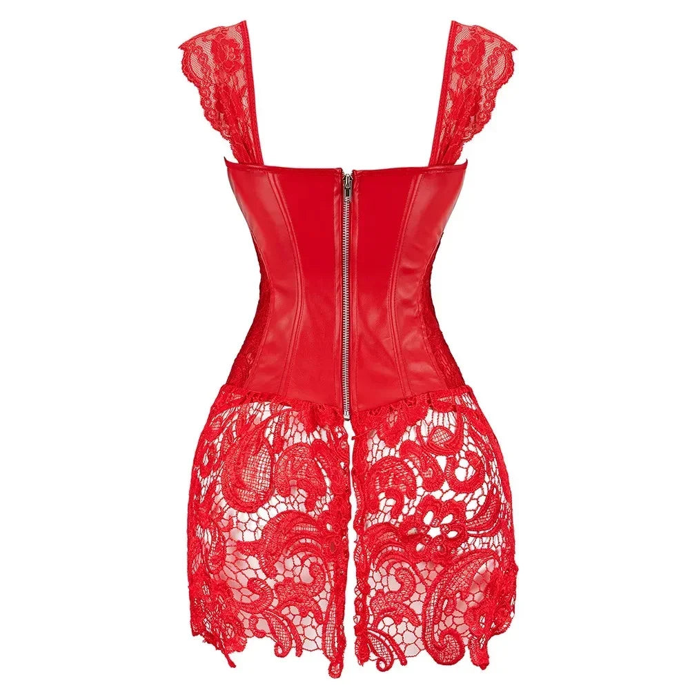 Steampunk Corset Dress - Gothic Faux Leather Bustier with Lace Skirt | OWNLUXE