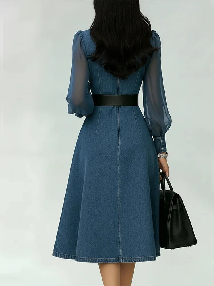 Women's Long-Sleeve V-Neck Denim Dress | OWNLUXE
