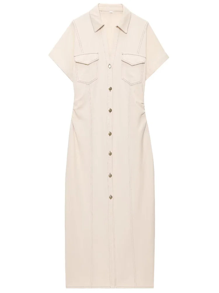 Midi Denim Short-Sleeve Dress | OWNLUXE