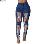 Load image into Gallery viewer, Women’s Distressed Lace-Up Skinny Jeans – High-Rise
