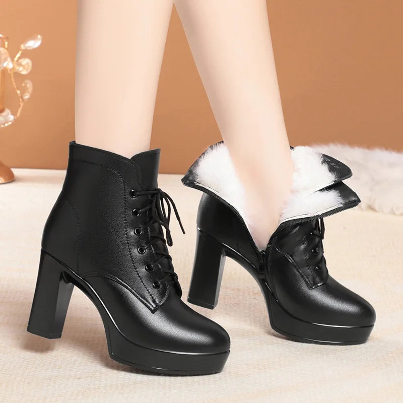 Platform Lace-Up Ankle Boots - Waterproof Winter Boots with Wool Lining
