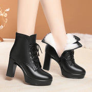 Platform Lace-Up Ankle Boots - Waterproof Winter Boots with Wool Lining