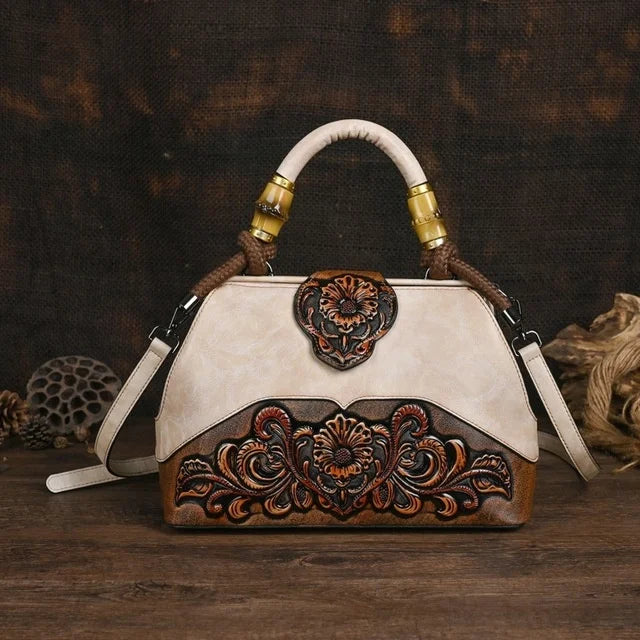 Vintage Carved Leather Handbag - Handmade Luxury Shoulder Bag