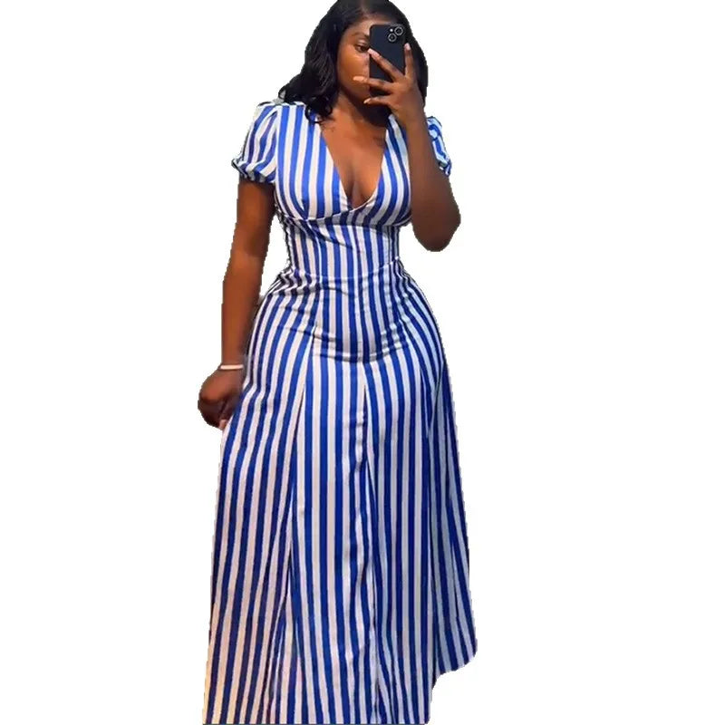 V-Neck Short-Sleeve Striped Maxi Dress | OWNLUXE