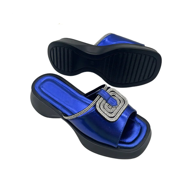 Women’s Mid Heel Slide Sandals – Cushioned Mixed-Color