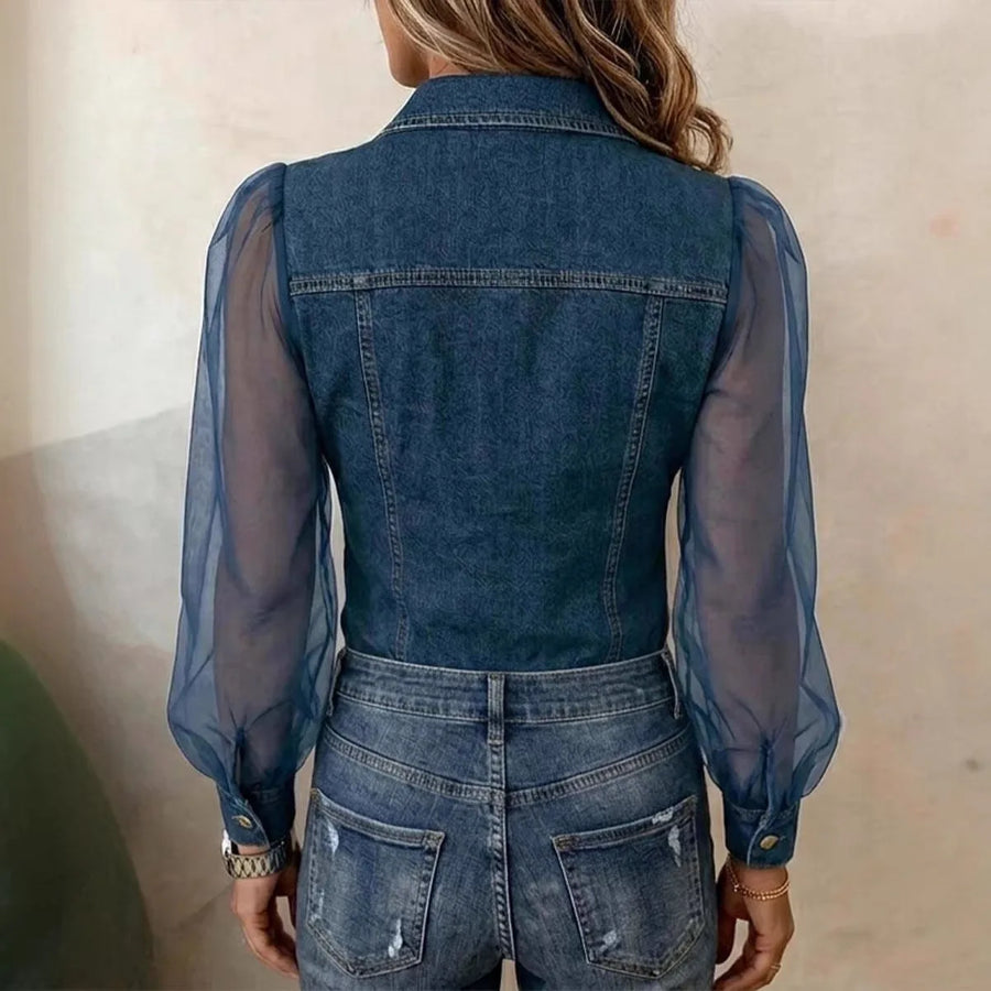 Denim Mesh Button-Down Pocket Blouse | OWNLUXE