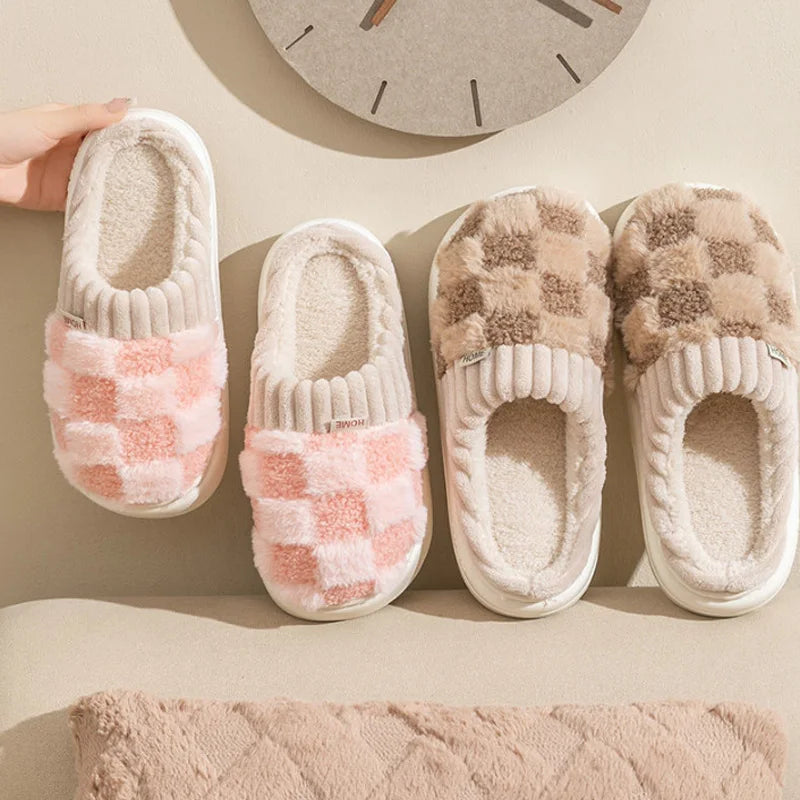 Couple Winter Plaid Slippers – Warm Fluffy Indoor Slides