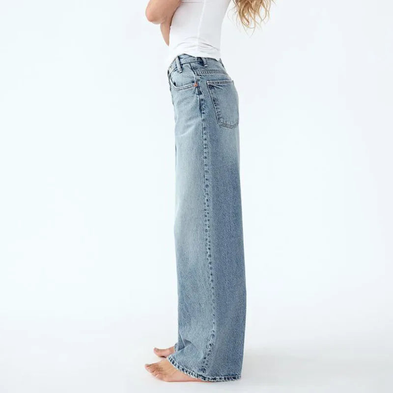 Wide Leg Jeans with Diagonal Buckle - Asymmetrical High Waist Denim